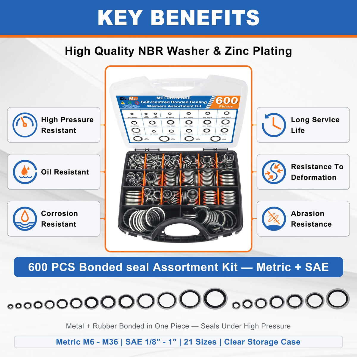 600PCS Metric & SAE Bonded Sealing Washers Kit, 21Sizes Rubber Washers Kit