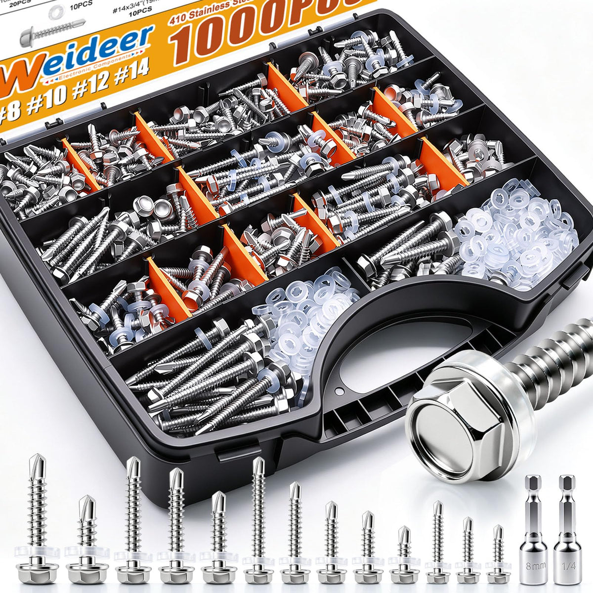 weideer 1000pcs Self Tapping Screws for Metal, #8#10#12#14,410 Stainless Steel Sheet Metal Screws Assortment Kit, Hex Washer Head Self Drilling Screw with Rubber Washer,Length 1/2" to 2''