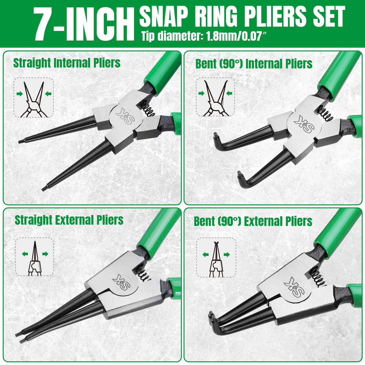 SK 4-Piece Snap Ring Pliers Set, 7-Inch Internal/External Circlip Pliers
