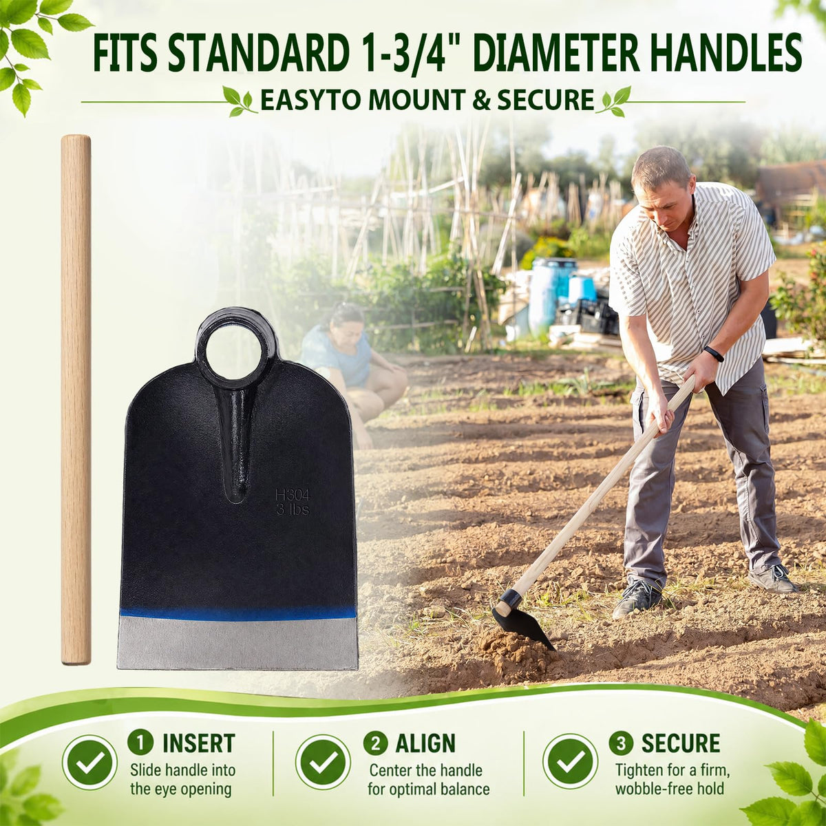 51 Inch Wood Handle Grub Hoe, 7-1/2'' Blade Width, 1-3/4'' Eye Hole, Heavy Duty Steel Garden Hoe for Grubbing Tough Soil, Garden Hacking, Farming, Landscaping, Yard Digging and Weeding