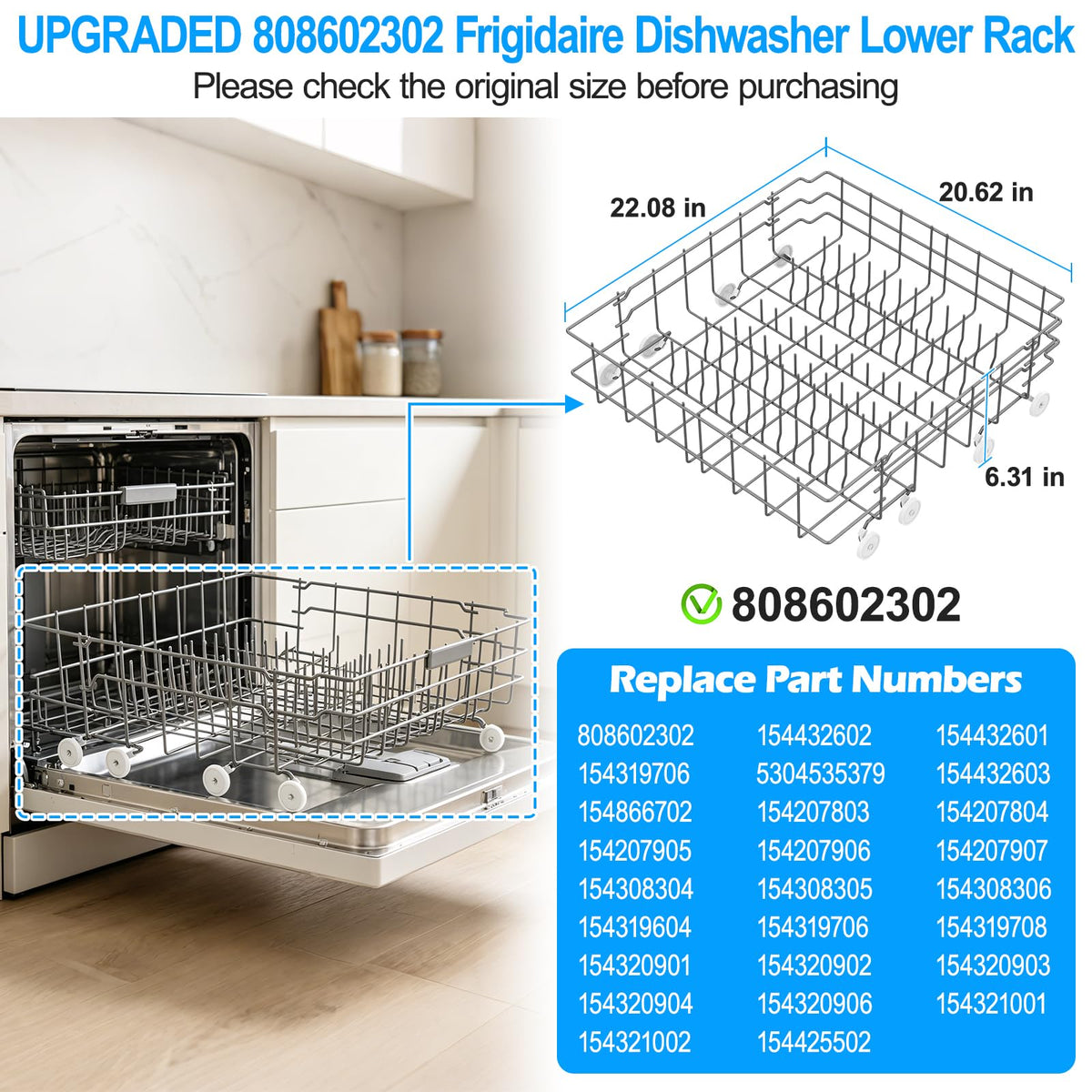 Upgraded 808602302 Dishwasher Lower Rack Compatible with Frigidaire Dishwasher Rack Parts,808602302 5304535768 154432601 FDB1050RES0 Frigidaire Kenmore Dishwasher Bottom Rack Replacement with Wheel
