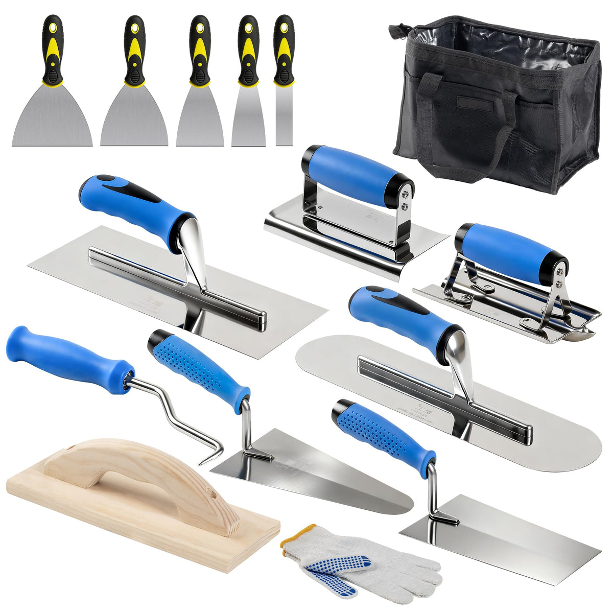 15PCS Concrete Trowel Set - Masonry Hand Tool Set Kit Including Flat Finishing and Pool Trowel, Wood Float, Concrete Groover & Edger, Margin Gauging, Wire Twister, Putty Knives, Gloves & Carry Bag