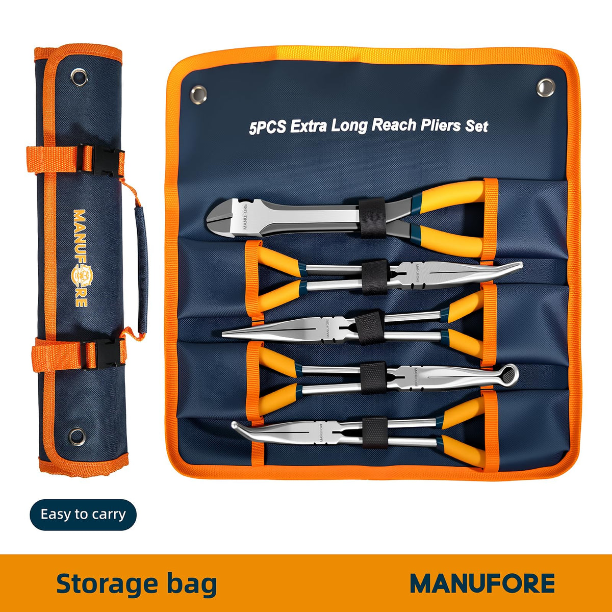 MANUFORE 5-Piece 11-Inch Long Reach Needle Nose Pliers Set for Tight Spaces