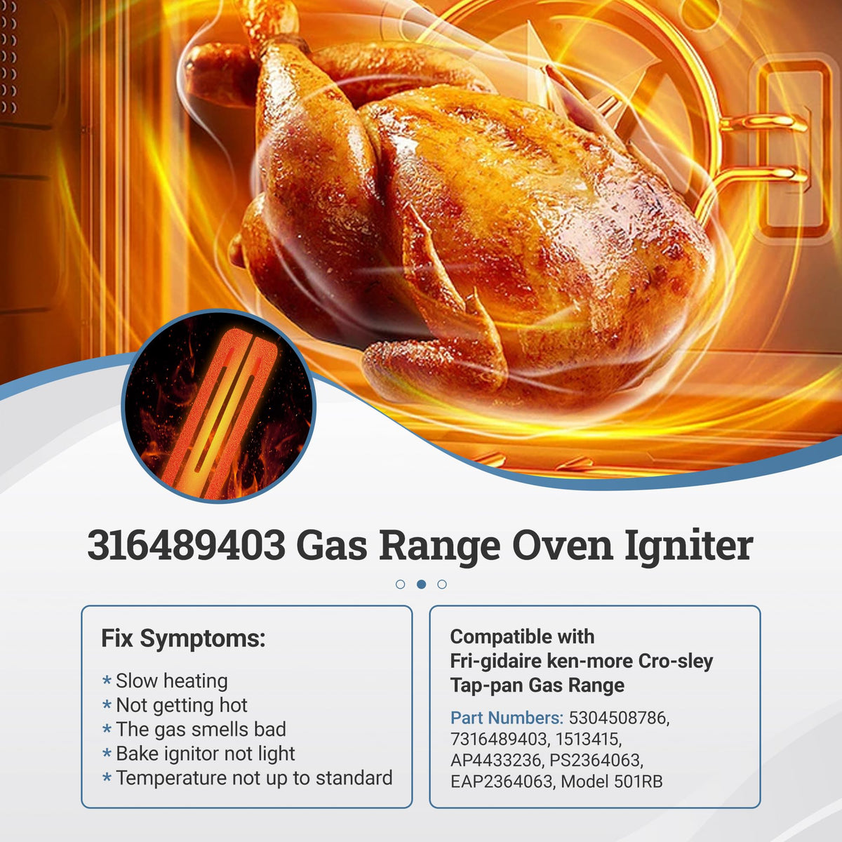 501rb Oven Igniter, 316489403 Stove Igniter Replacement Fit for Frigi-daire Ken-more Cros-ley Gas Range Igniter by Fetechmate, Replace Model 501rb Oven Igniter, 5304508786, 7316489403, 316489403