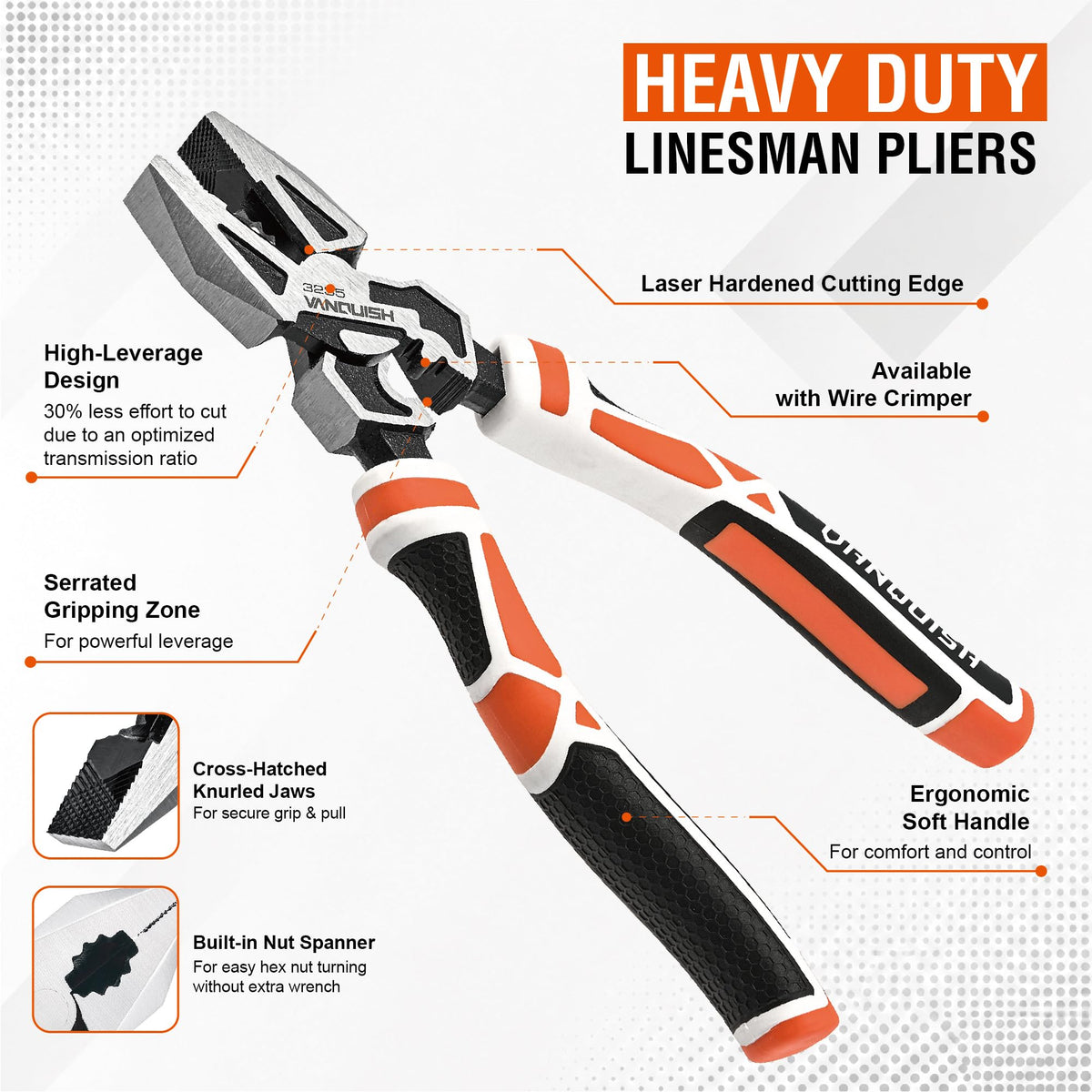 VANQUISH 9.5-Inch Linesman Pliers, Laser Hardened Cutting Edges