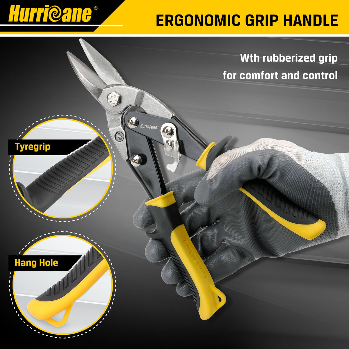 HURRICANE 3 pc Aviation Tin Snips Set, 10 Inch Metal Shears for Straight, Left & Right Curves, Cr-V Steel Blades, Non-Slip TyreGrip Handle, Safety Latch, for Sheet Metal, Gutter, HVAC, DIY