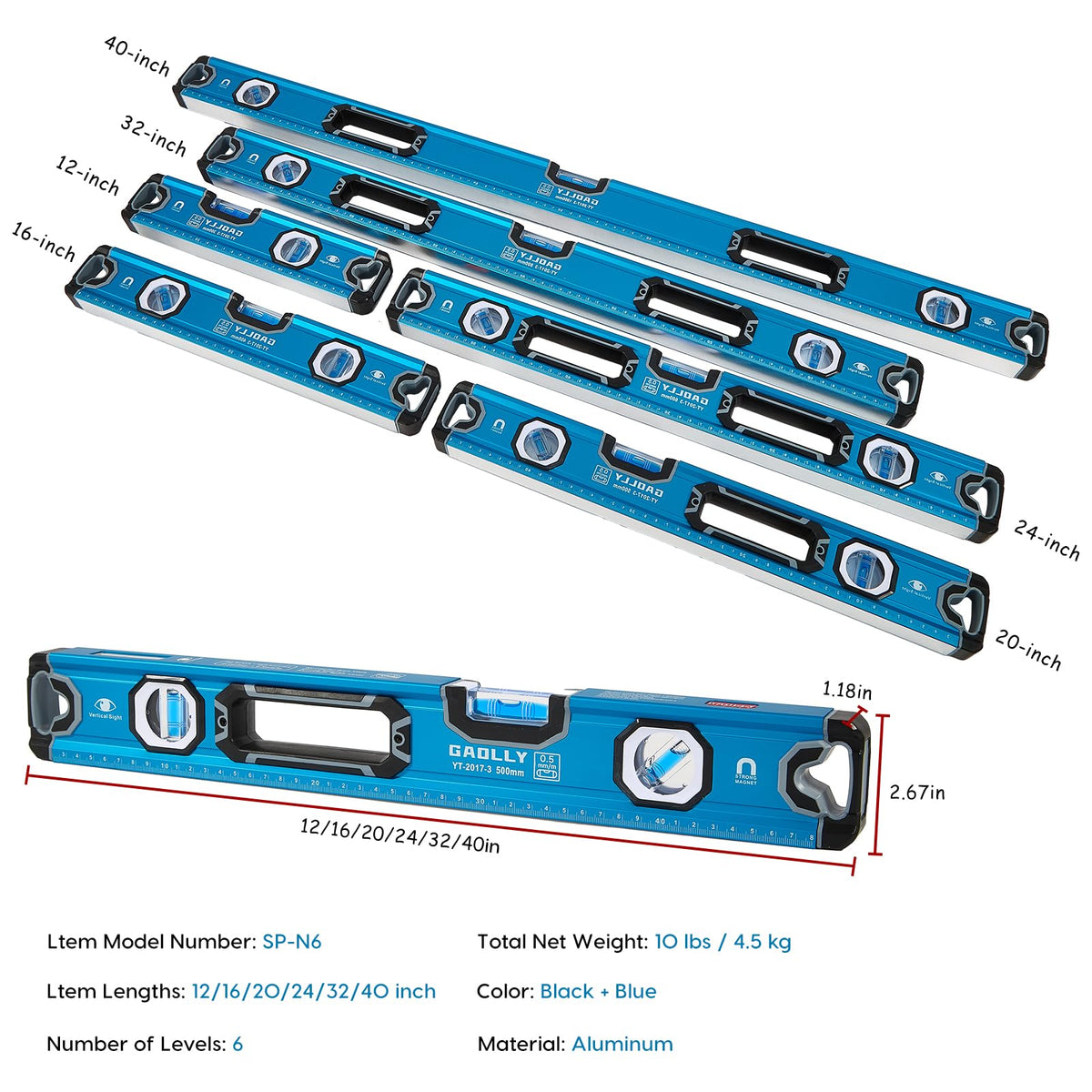 GAOLLY 6-Piece Spirit Level Set (12", 16", 20", 24", 32", 40"), Level Set with Magnetic Torpedo, 45°/90°/180°Bubbles Measuring, Aluminium Alloy Levels, Open Top View Design
