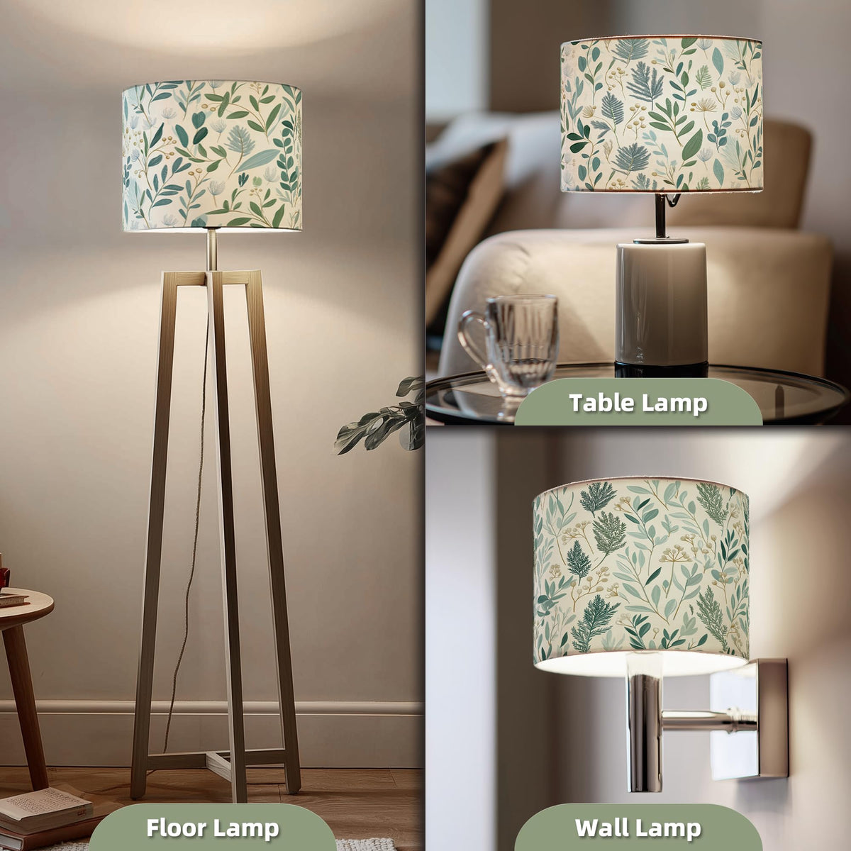 Drum Lamp Shade 13 x 13 x 10 inch, Sage Green Botanical Print Linen Lampshade Replacement for Table Lamps & Floor Lamps, E26 E27 Compatible Spider Fitter Lamp Shade for Bedroom Living Room