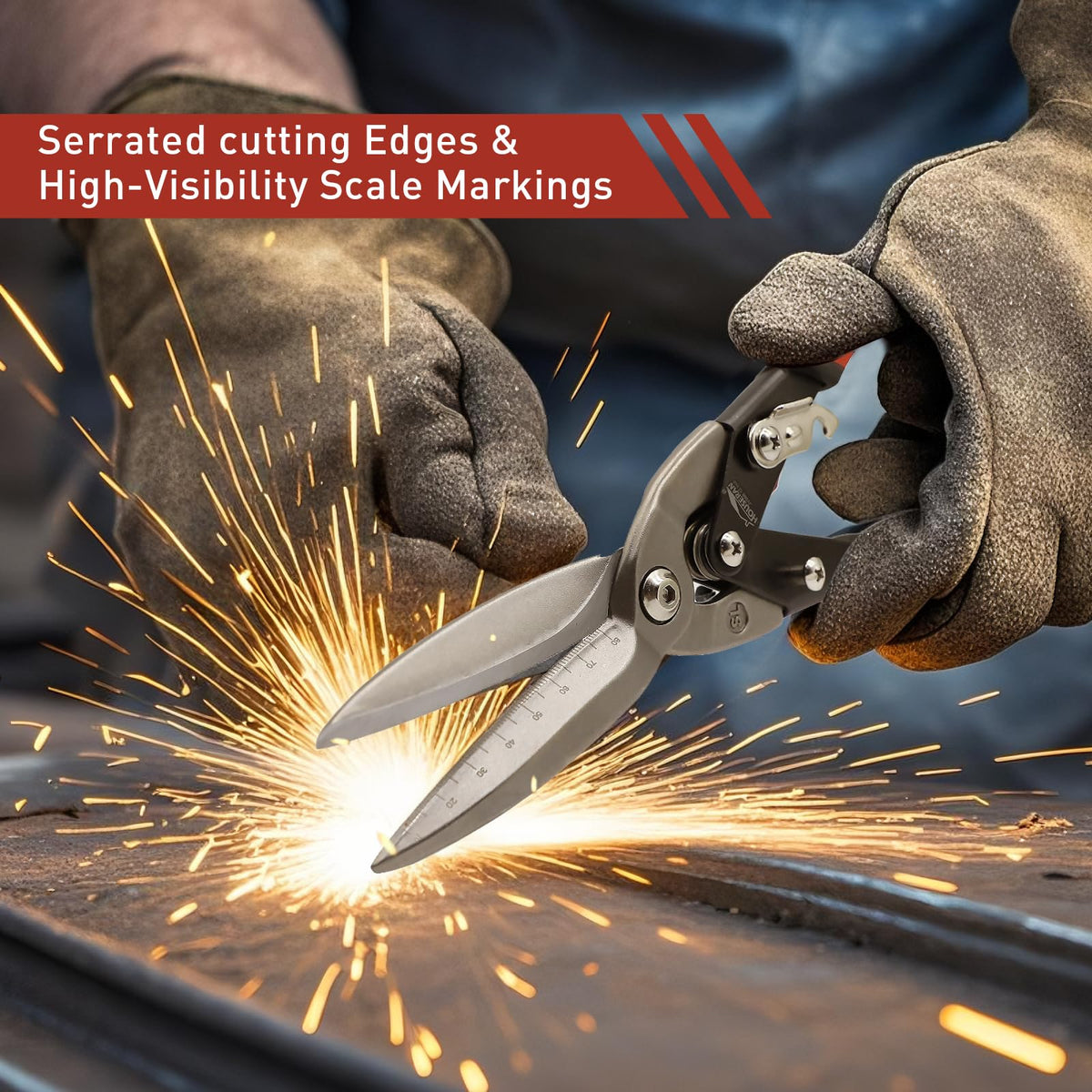HOUSERAN 12 Inch Aviation Snips, Long Straight Cut Tin Snips, Heavy Duty CR-MO Metal Cutters with Double Lever, Scale Markings & Safety Lock, Shears Scissors for Cutting Metal Sheet