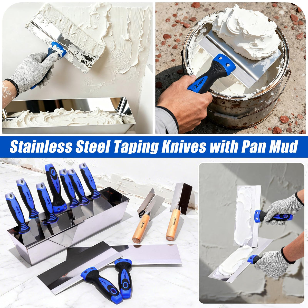 YXFDOYT 16Pcs Drywall Knife Set with 14"Drywall Mud Pan & Bag, Blue