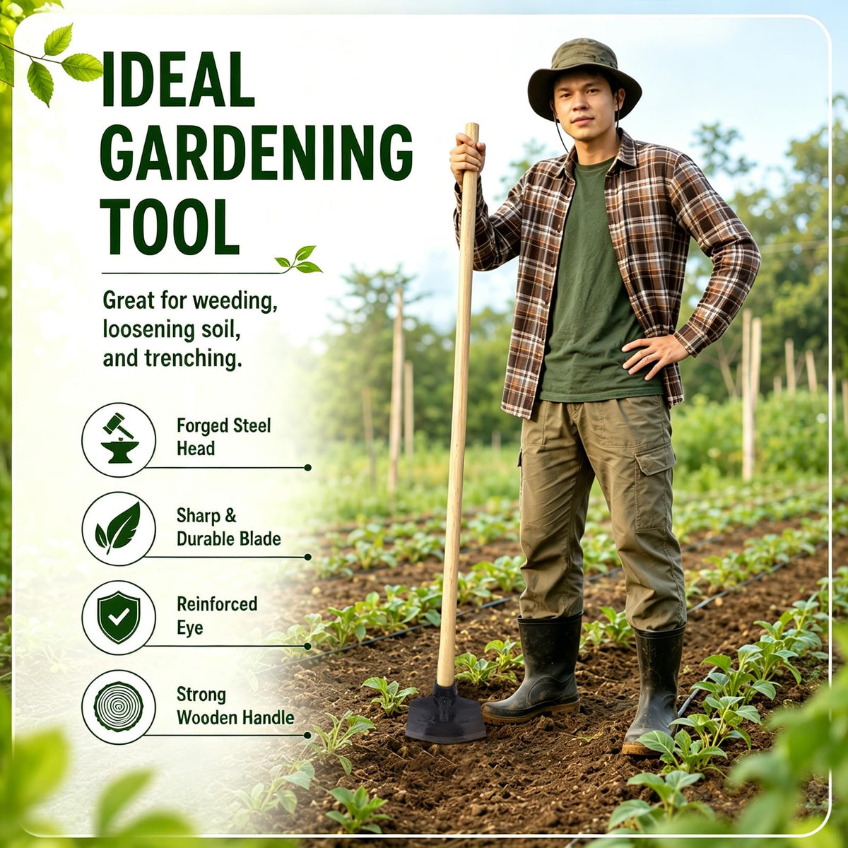 51 Inch Wood Handle Grub Hoe, 7-1/2'' Blade Width, 1-3/4'' Eye Hole, Heavy Duty Steel Garden Hoe for Grubbing Tough Soil, Garden Hacking, Farming, Landscaping, Yard Digging and Weeding