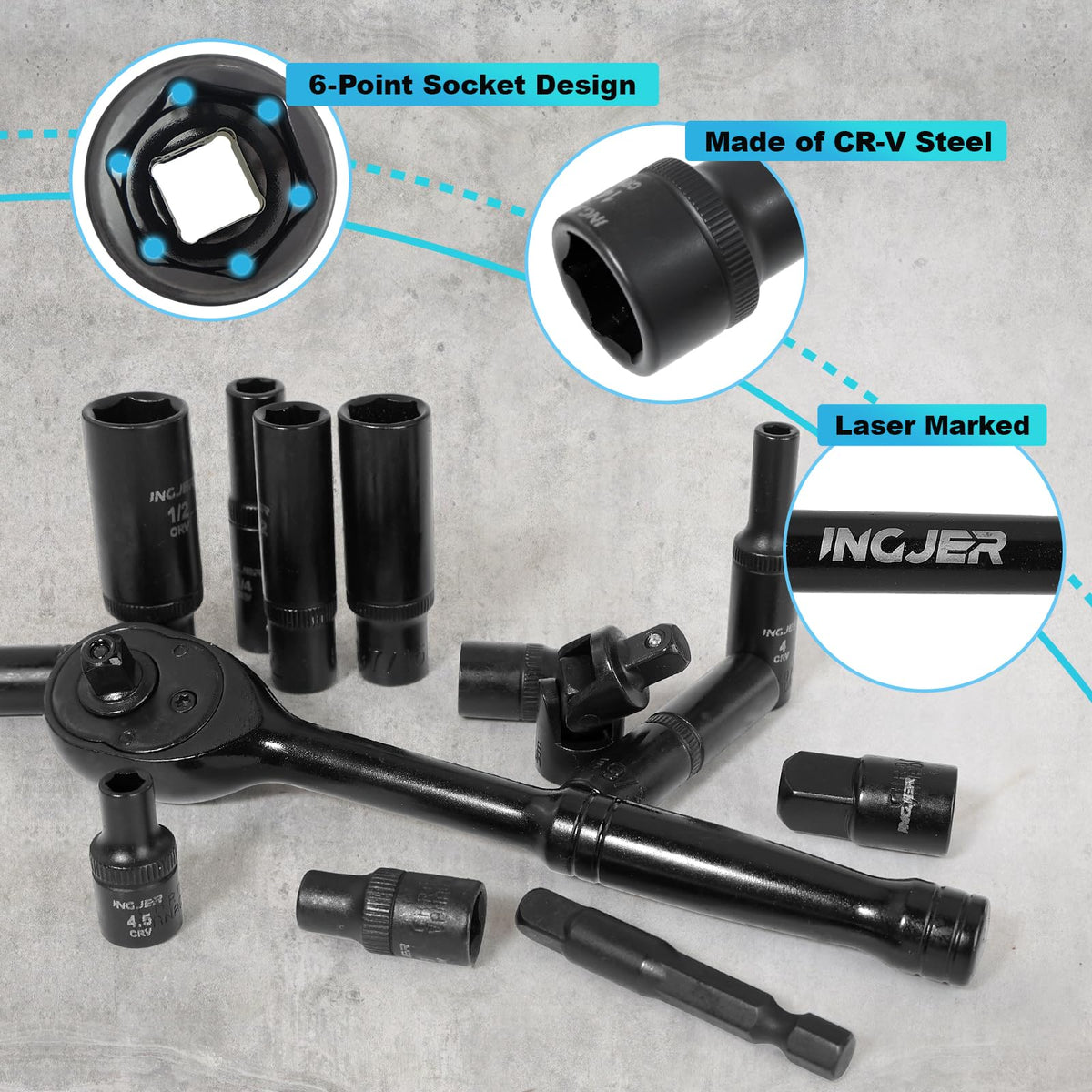 INGJER Socket Set 1/4, 56 Piece Impact Socket Set Metric and Standard Full