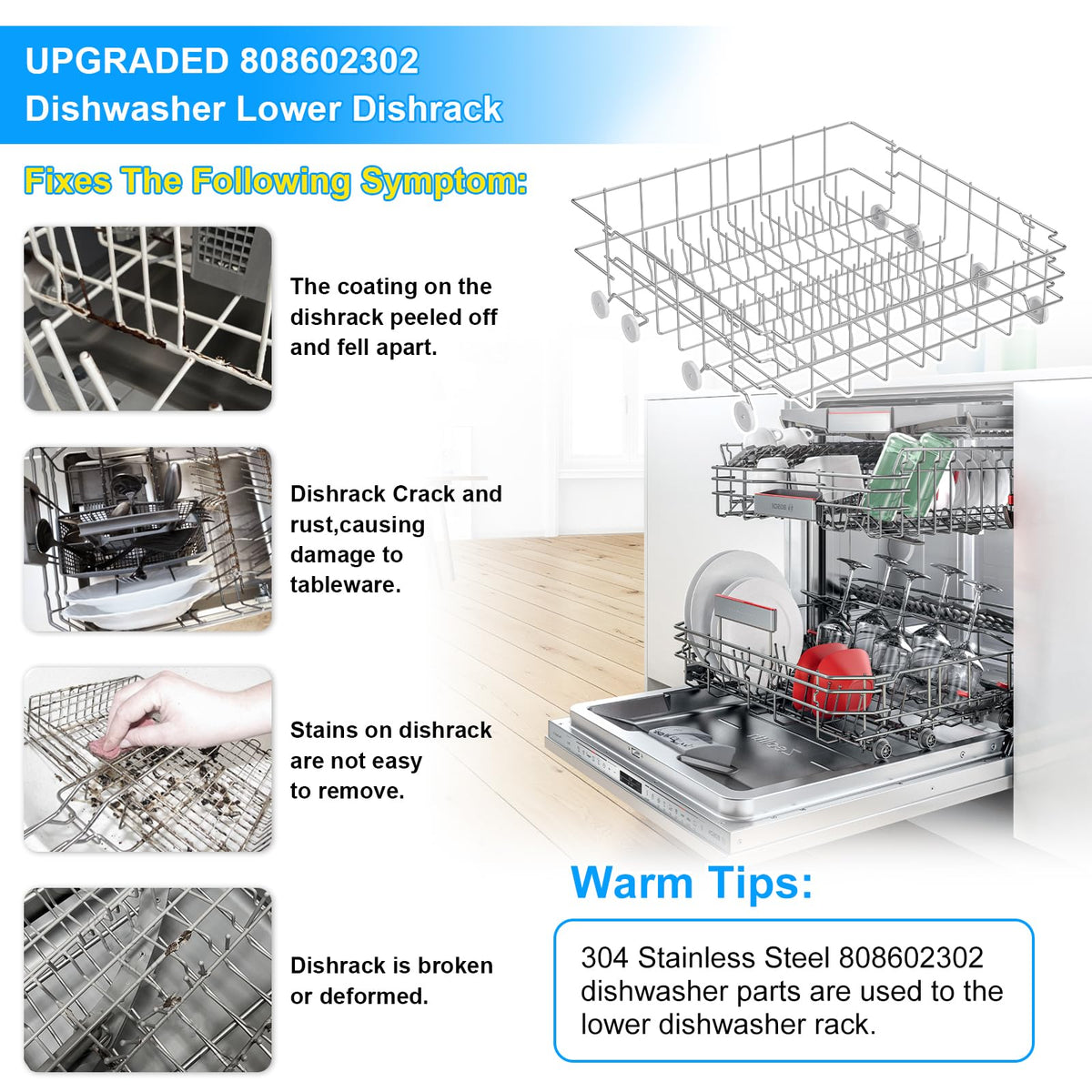 UPGRADED 808602302 Dishwasher Lower Dishrack for Frigidaire Kenmore Dishwasher Rack Replacement Parts with Wheel,808602302 154432602 Frigidaire Dishwasher Rack Parts 304 Stainless Steel Bottom Rack