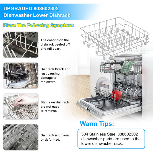 UPGRADED 808602302 Dishwasher Lower Dishrack for Frigidaire Kenmore Dishwasher Rack Replacement Parts with Wheel,808602302 154432602 Frigidaire Dishwasher Rack Parts 304 Stainless Steel Bottom Rack