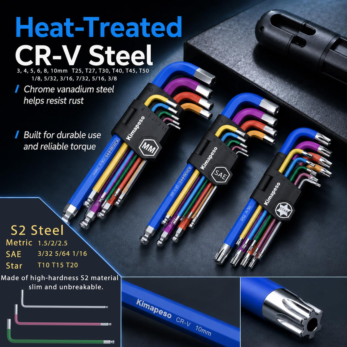 Kimapeso 27 PCS Allen Key Set Torx SAE Metric Allen Wrenches Set Long Arm Ball End Hex Key Wrench Sets with T-Handle L-Hex Key Set Metric 1.5 to 10mm SAE 1/16 to 3/8″ Torx T10 to T50