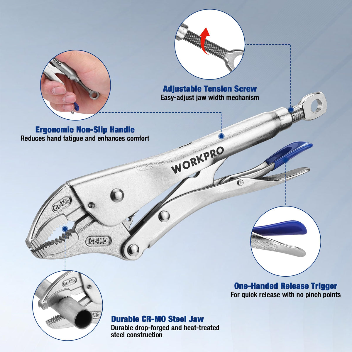 WORKPRO 5-Piece Locking Pliers Set, 5"/7"/10" Curved Jaw & 6.5"/9.5" Long Nose, CR-MO Steel Construction with Perforated Screw, Multipurpose Clamping Tool Kit for Automotive, Welding, and Home DIY