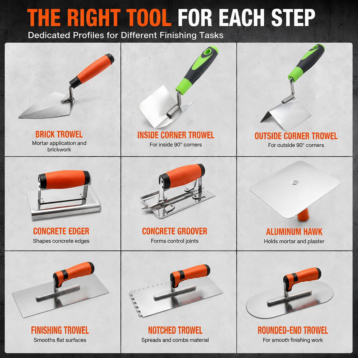 9-Piece Concrete Tools and Masonry Trowel Set with Edger and Hawk