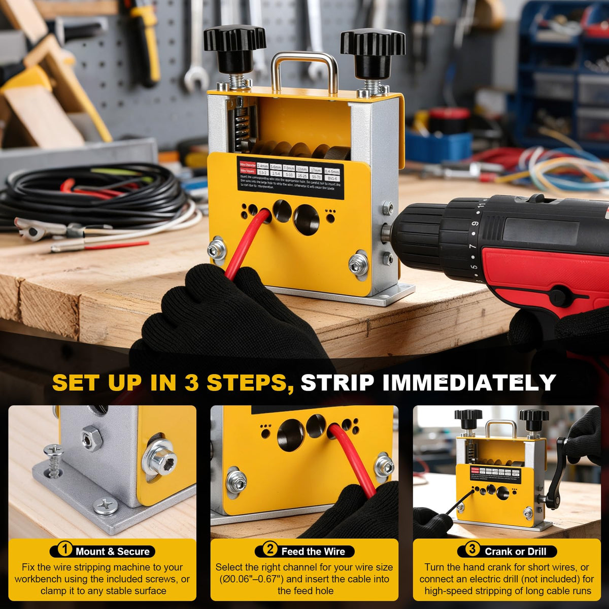 2 in 1 Wire Stripper Machine Manual & Drill‑Powered, Fits 0.06"–0.67" Wires