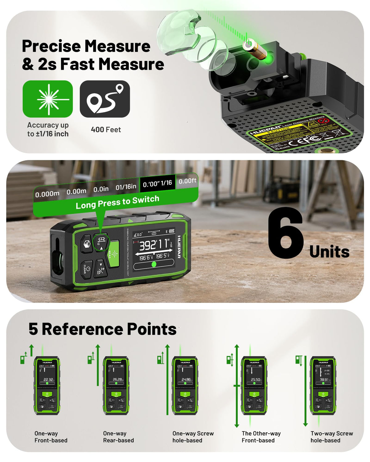 Huepar 2026 Upgraded Dual Laser Measuring Tool 395Ft, Phone App, Green Beam