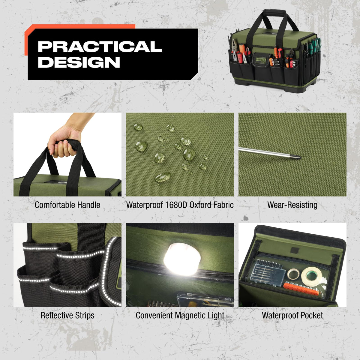 HISEA 16-Inch Tool Bag for Men, Tool Box Organizer with Magnetic Light