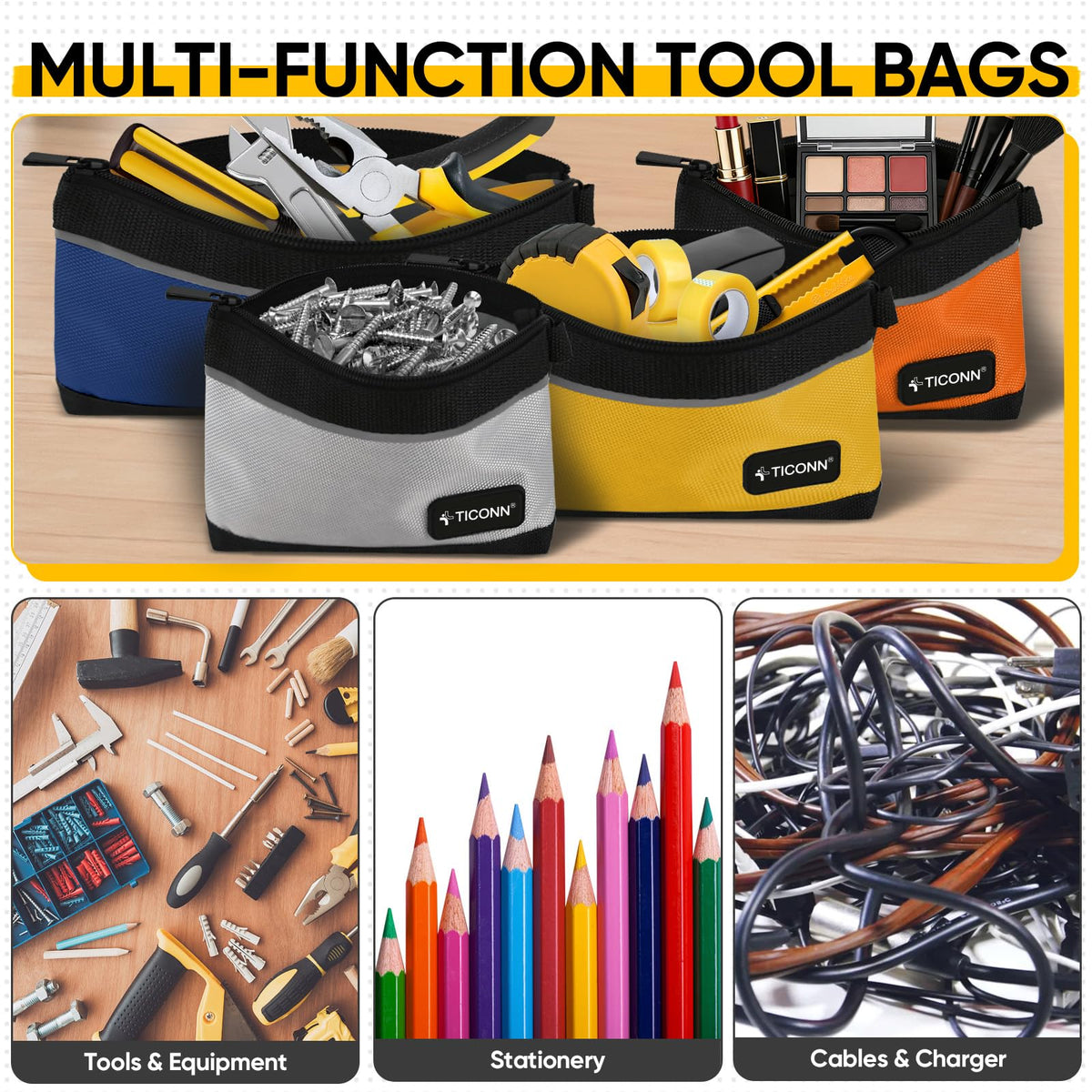 TICONN 6PK Tool Pouches with Zipper, Waterproof 1680D Oxford Small Tool Bag