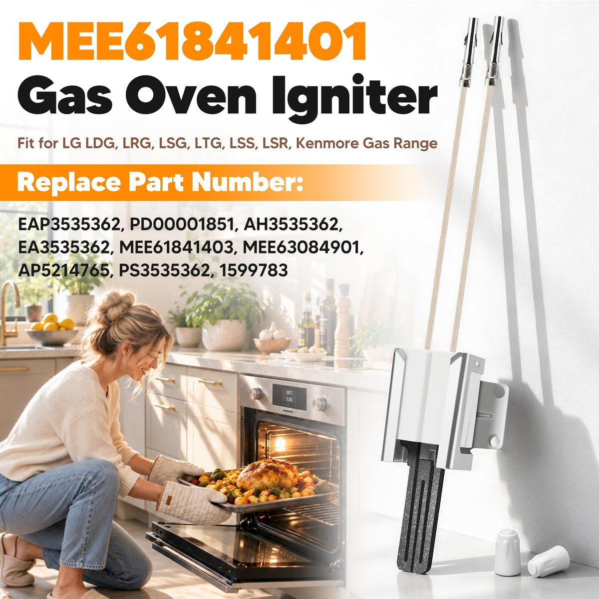 MEE61841401 Gas Range Oven Igniter Replacement Fit for LG Gas Stove (LRG, LSS, LDG, LSG, LTG Series), Replaces MEE61841403 MEE63084901 MEE61841401 Oven Burner Igniter, Flat Glow Bar, By NISHCON