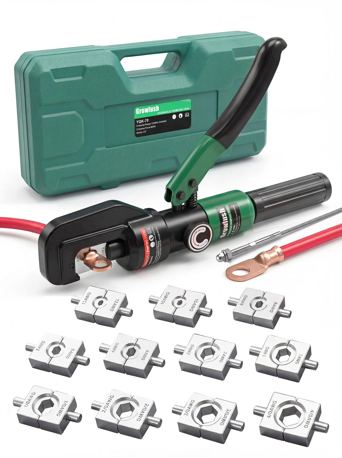 Growlush Hydraulic Cable Crimping Tool, Battery Cable Terminal Crimper 12 AWG–4/0 AWG, US Standard AWG Dies, 10-Ton Hydraulic Copper Cable Lugs Crimper for US Standard Cable 12 ga-4/0 ga