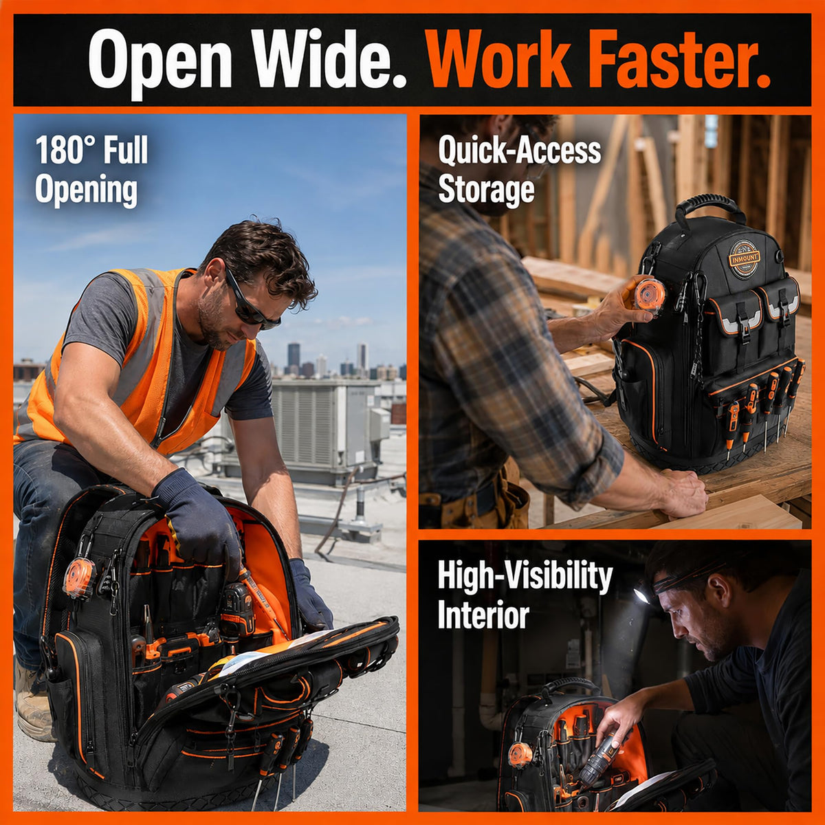 LOKASS Heavy Duty Tool Backpack, 18.5 in, 56 Pockets, Molded Bottom, Black