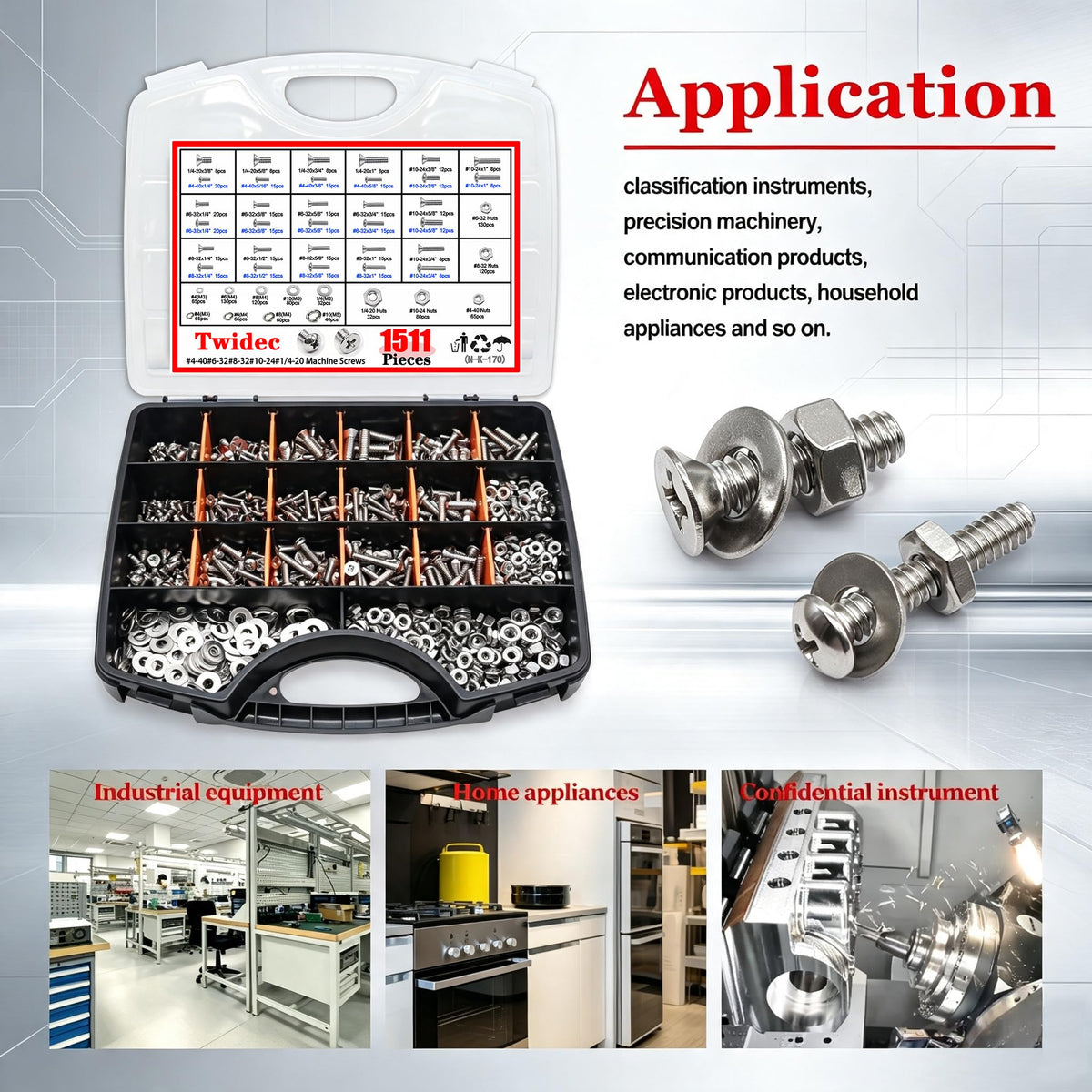 Twidec/1511PCS Nuts and Bolts Assortment Kit,Machine Screws,304 Stainless Steel Phillips Pan Head and Flat Head Screws #4-40#6-32#8-32#10-24#1/4-20 with Nuts, Bolts,Washers in the Storage Case
