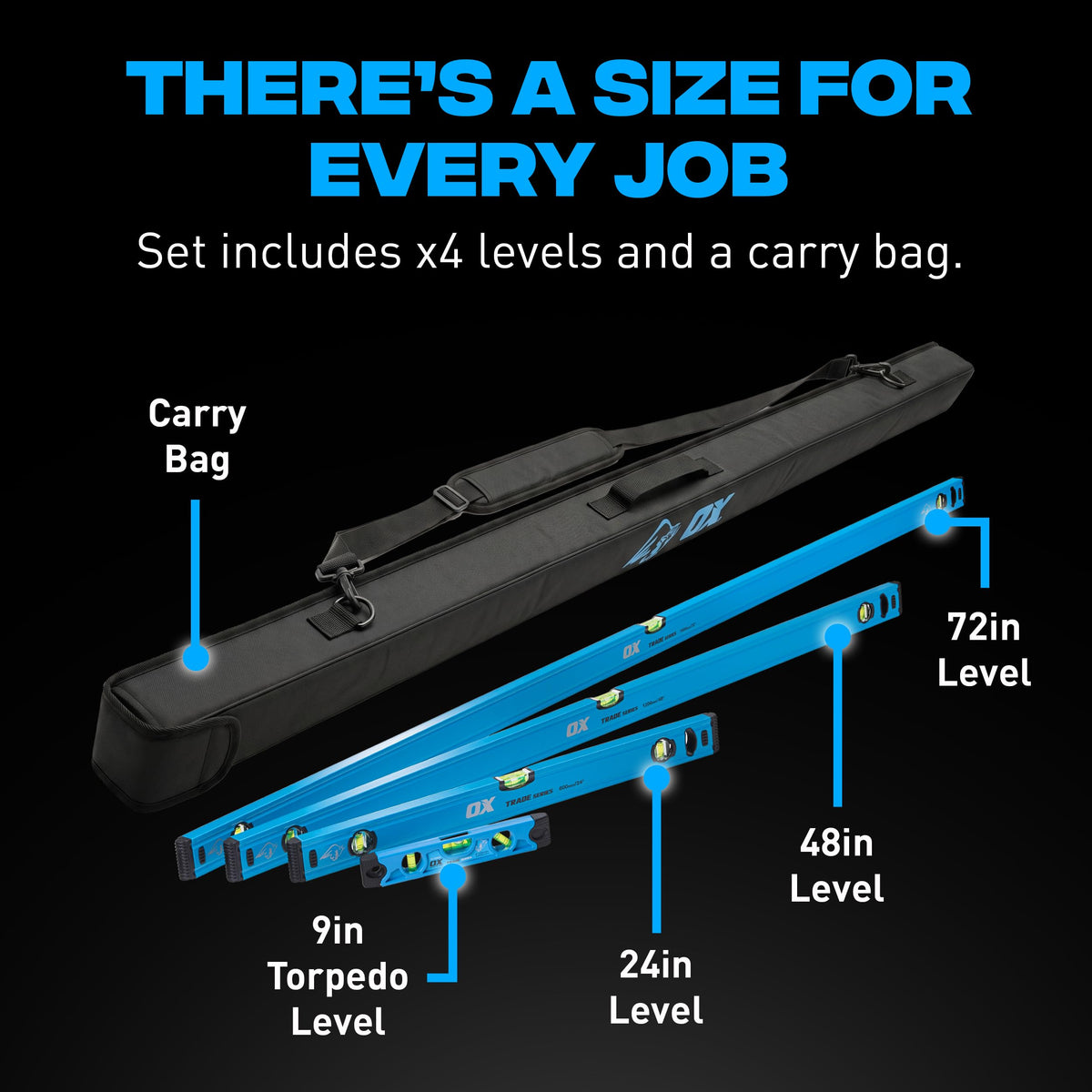 OX Level Set with Case - Includes 24" 48" 72" and Torpedo Level