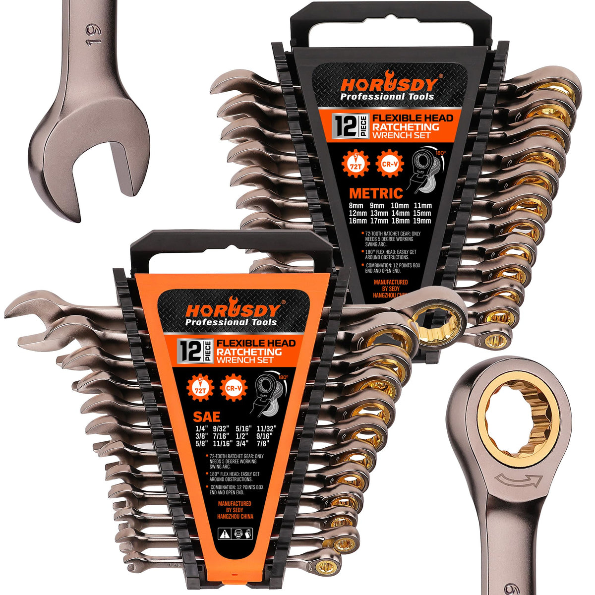 HORUSDY 24-Piece Ratcheting Wrench Set, Metric and SAE, Ratchet Combination Wrenches Set with Organizer, 72-Tooth, Chrome Vanadium Steel, 6-18 mm & 1/4” to 3/4“ (24-Piece)