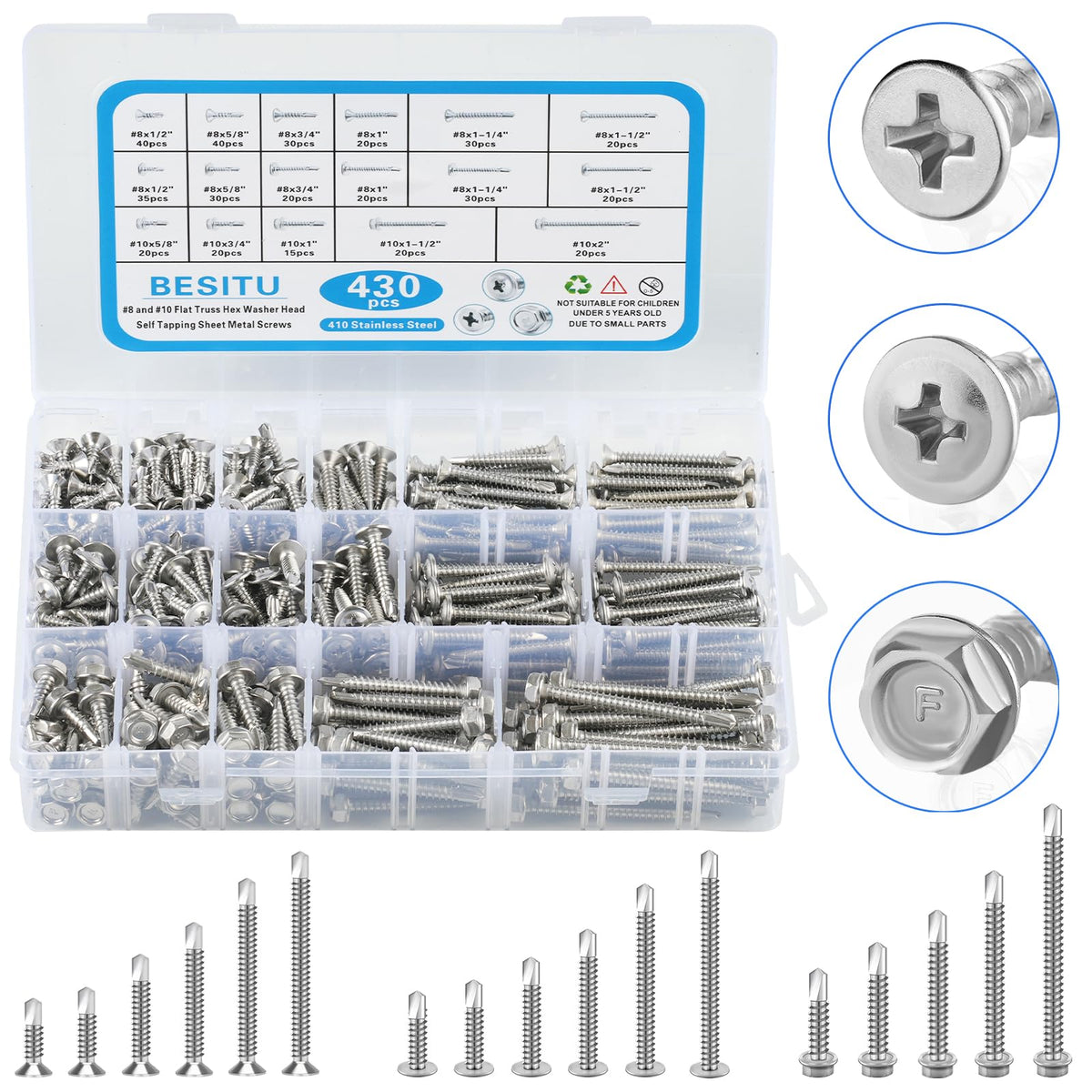 Besitu 430Pcs Self Tapping Screws for Metal, 410 Stainless Steel #8#10 Sheet Metal Screws Assortment, Truss Head & Hex Head & Pan Head Self Drilling Screws, Length 1/2" to 2"