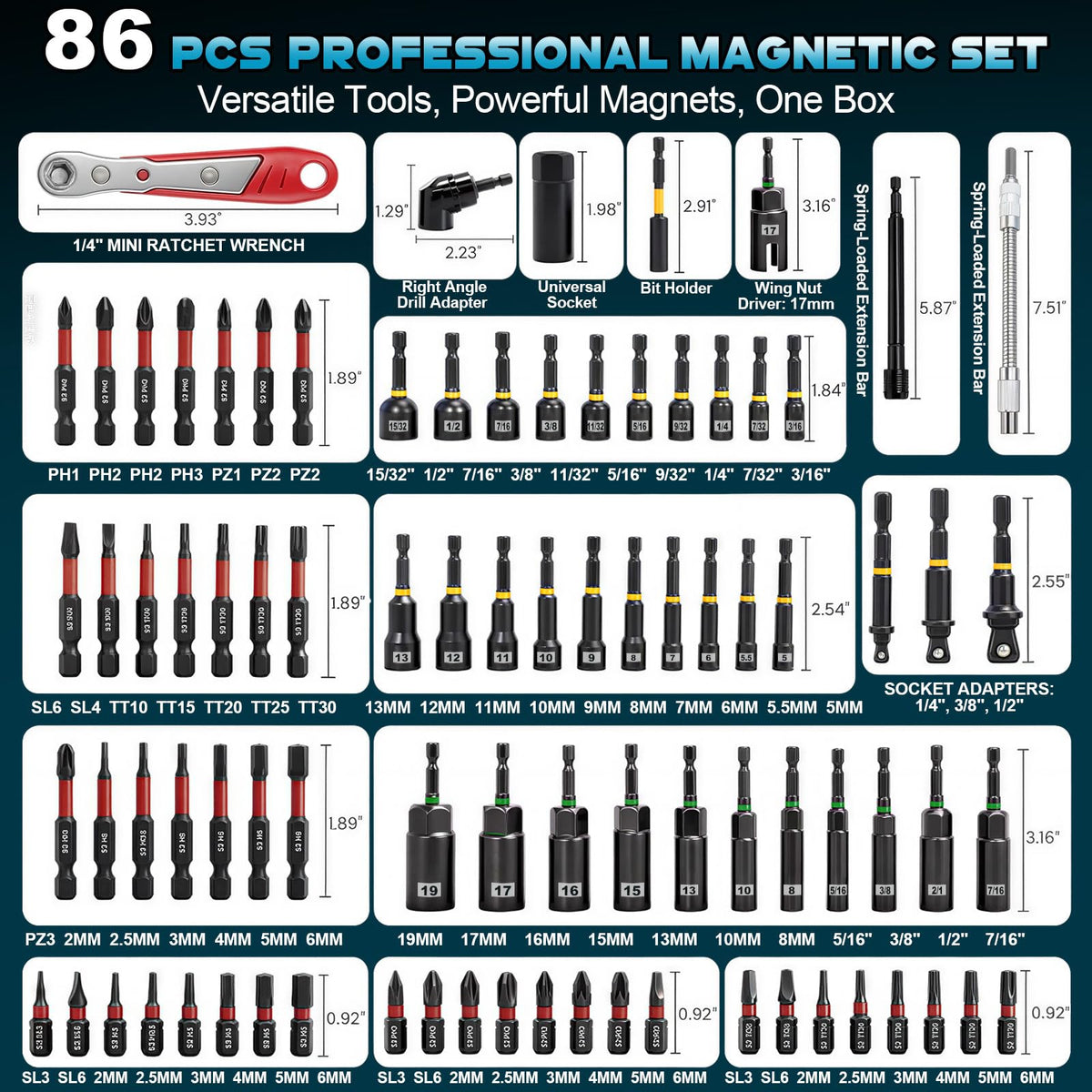 86PCS Magnetic Nut Driver Set 1/4" Metric/SAE, Adapters, Power Bits, Case