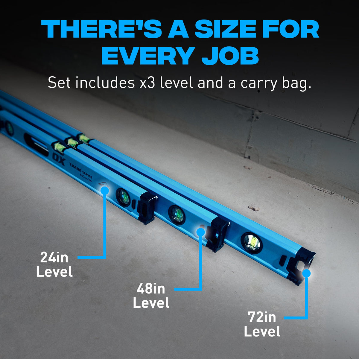 OX Level Set with Case - Includes 24, 48 & 72 Inch Levels for Construction