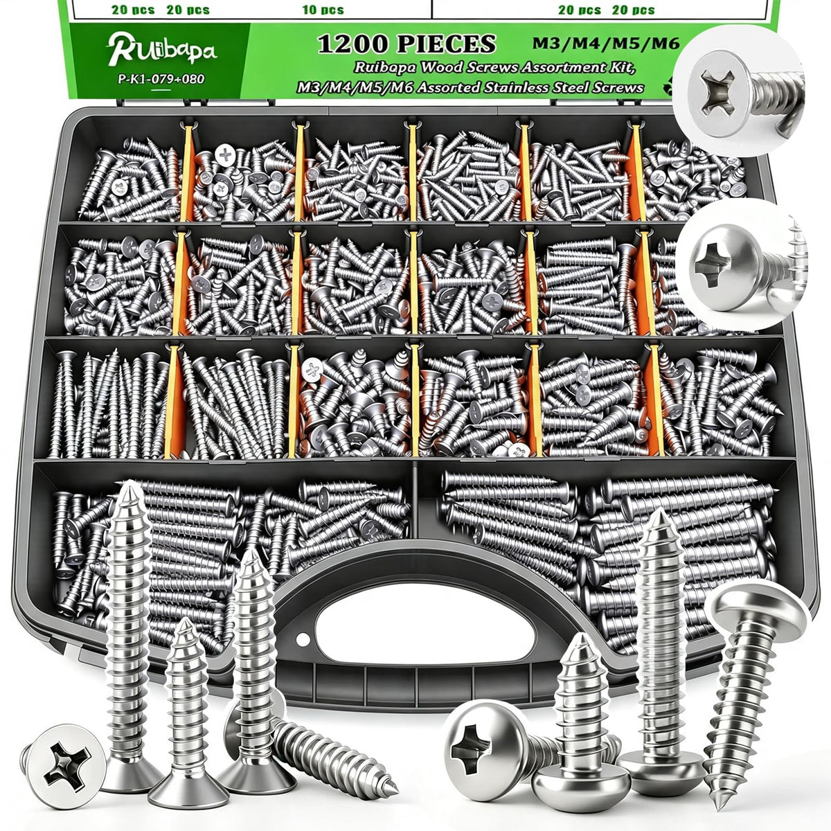 1200 PCS Stainless Steel Wood Screws Assortment Kit,Self Tapping Screws M3/M4/M5/M6 Screws Assortment Kit,1200Pcs(605pcs Round Head & 595pcs Flat Head) Sheet Metal Screws Assorted
