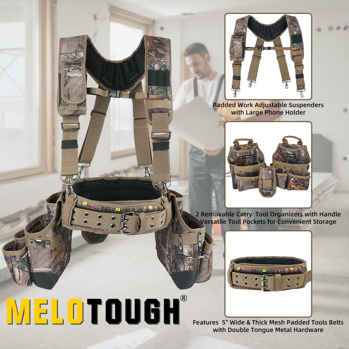 MELOTOUGH Camo Tool Belt with Suspenders Camouflage Tool Bag Supenders Framers Comb Apron Tool Belt Construction Tool Pouch Suspenders Heavy Duty Carpenter Suspension Rig for Electrician