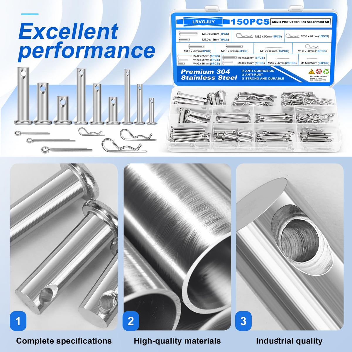 150PCS Premium 304 Stainless Steel Clevis Pins Cotter Pins R Clips Assortment Kit, 15 Sizes Single Hole Flat Head Cotter Clips Fasteners for Trailer Hitch, Automotive, Machinery Use