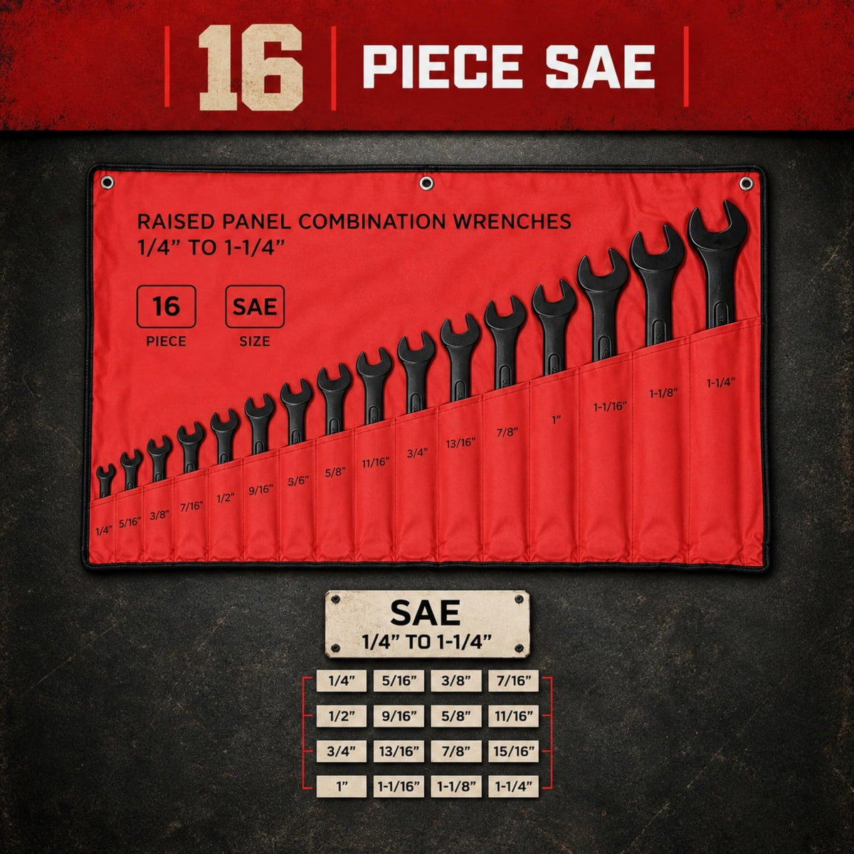 ABN SAE Combination Wrench Set, 16 Piece Standard Wrenches 1/4 to 1-1/4 Inch with Roll Up Pouch, Large Open and Box End Mechanic Tool Set