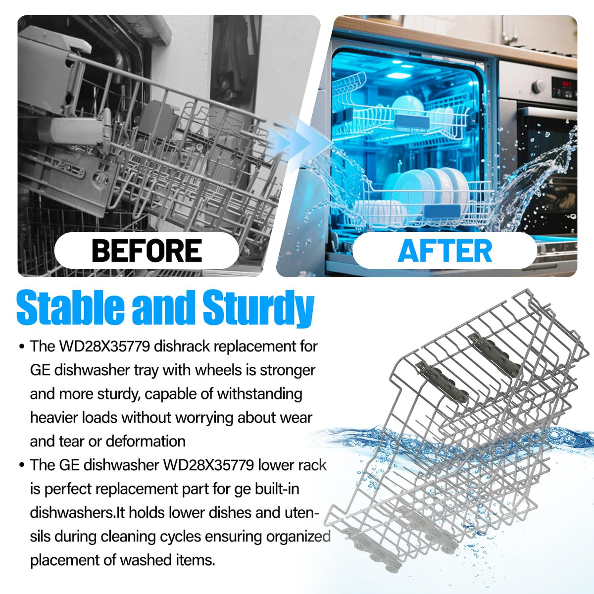 Upgraded WD28X35779 Dishwasher Upper Rack Compatible with GE Dishwasher Rack Replacement WD28X30219 GDF510PSR3SS GDF510PSM0SS GDF535PSR0SS GDT550HSD4SS GE Dishwasher Parts Top Rack Tray With Wheels