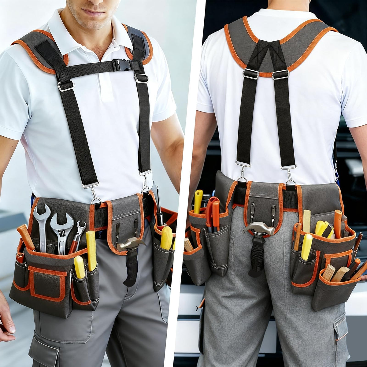 Tool Belt，Tool Belts for Men，Electrician/Carpenter Tool Belt Suspenders，Comes with Magnetic Tool Kit and Straps, Heavy-Duty Detachable and Adjustable Multifunctional Waist Belt Work Bag (Gray Orange)