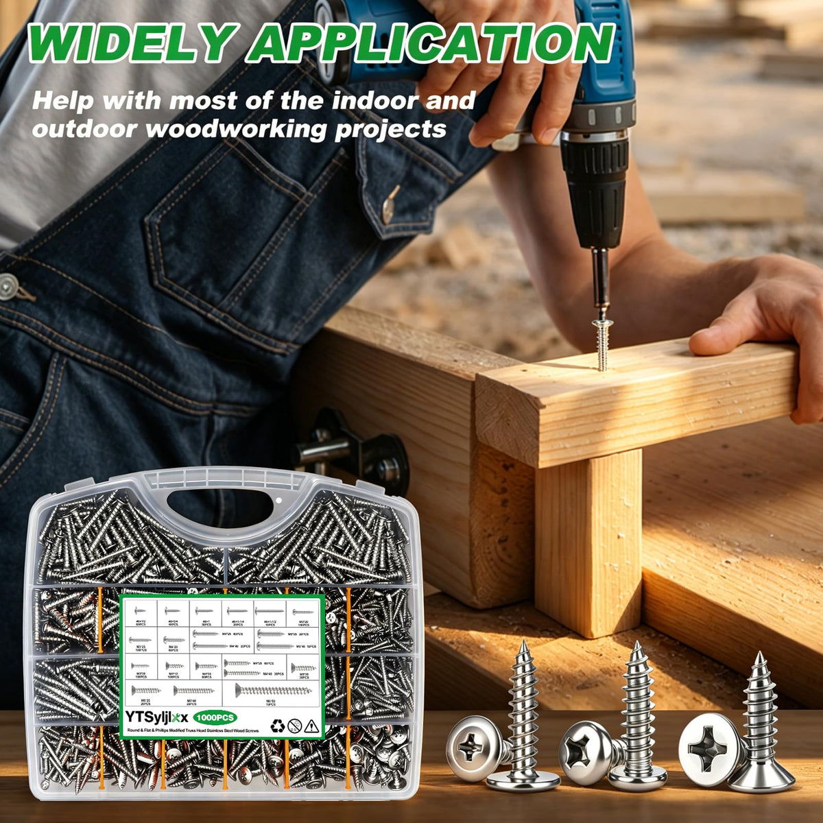 YTSyljlxx 1000PCS Wood Screws Assortment Kit,#8/M3/M4/M5/M6 Assorted 304 Stainless Steel Marine Grade Screws,Pan & Flat & Phillips Truss Head Assorted Screws(1/2" to 2" Length)