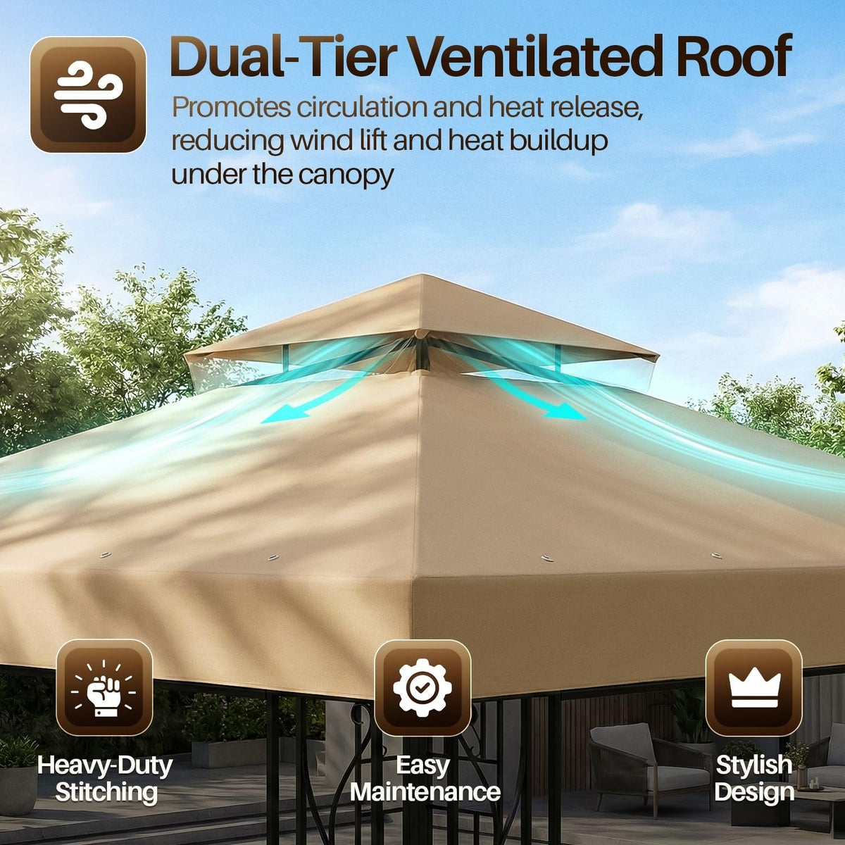 Flexzion Gazebo Cover Replacement Canopy Top 10x10 Ft (3m x 3m) - Double Tier Top Canopy Cover Replacement with UV30+, Dirt, Water Resistant for Outdoor, Sunshade, Garden, Patio, Pavilion (Beige)