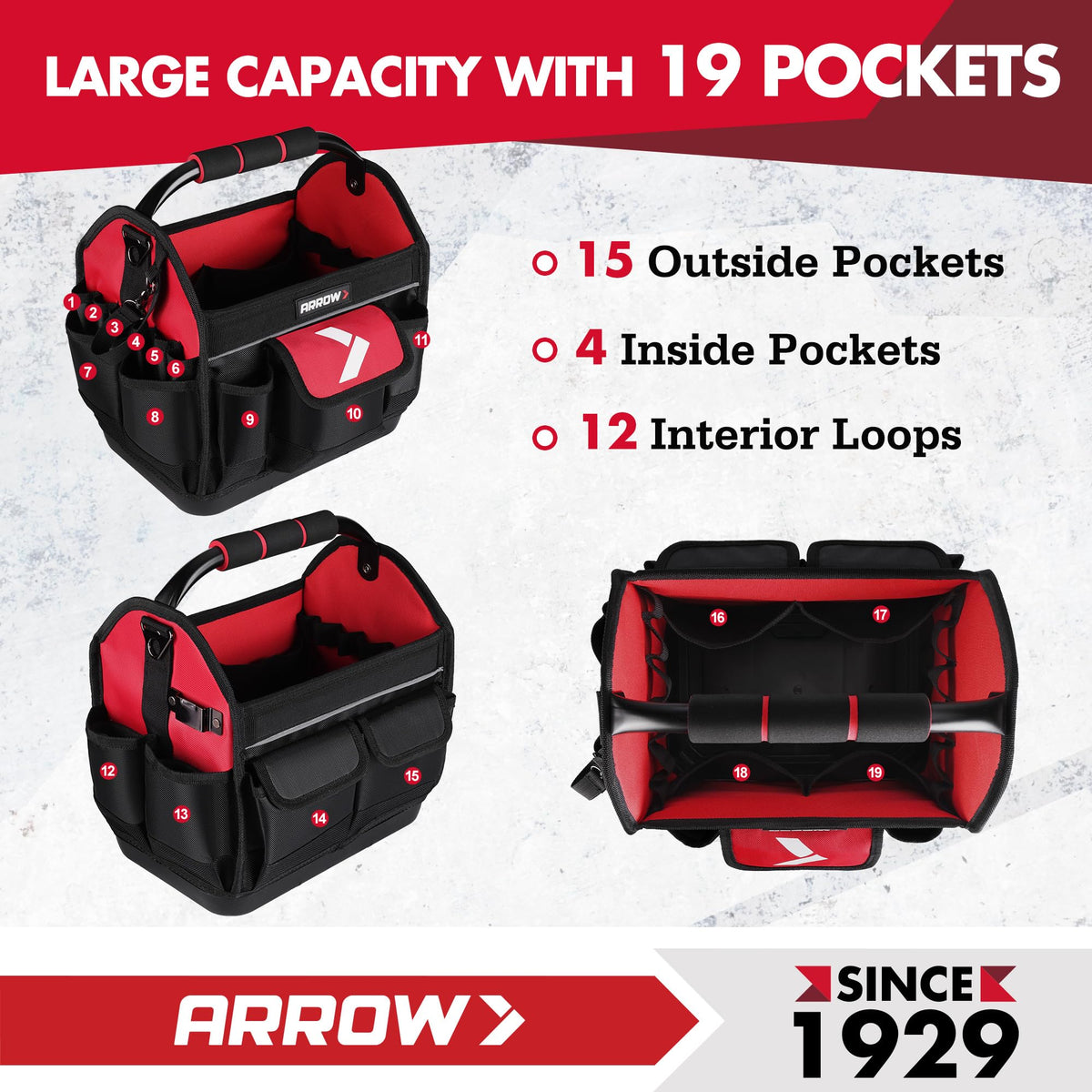 ARROW 12" Tool Tote with Waterproof Hard Base, Electrician Tool Bag