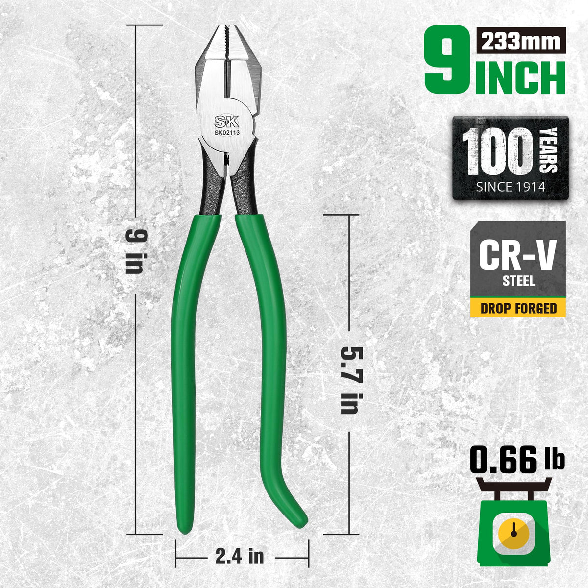 SK 9" Ironworker's Pliers, Linesman Pliers with Heavy Duty Knurled Jaws
