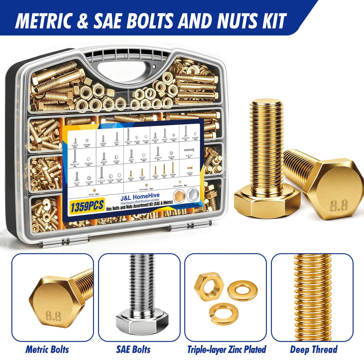 1359Pcs Hex Bolts and Nuts Assortment Kit, 304 Stainless Steel 1/4-20, 5/16-18, 3/8-16, 1/2-13 Machine Screws Set, Grade 8.8 M4 M5 M6 M8 M10 Metric Bolt Nuts and Washers Kit Assortment