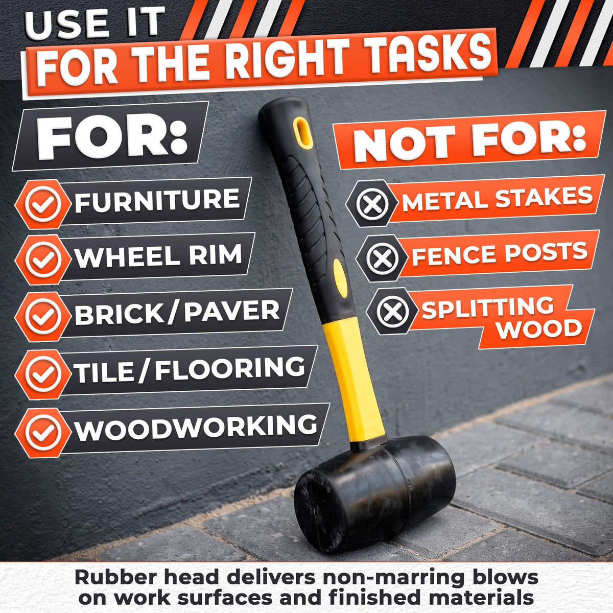 24 oz (1.5 lb) Rubber Mallet Hammer, 13in Soft Mallet, Rubber Hammer