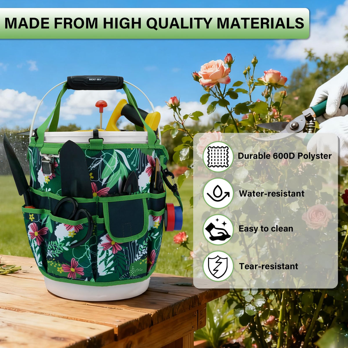 KUNN Bucket Tool Organizer 5 Gallon 18-Pocket Gardening Tool Bag with Hangable Handle, Garden Caddy & Bucket Accessory, Green