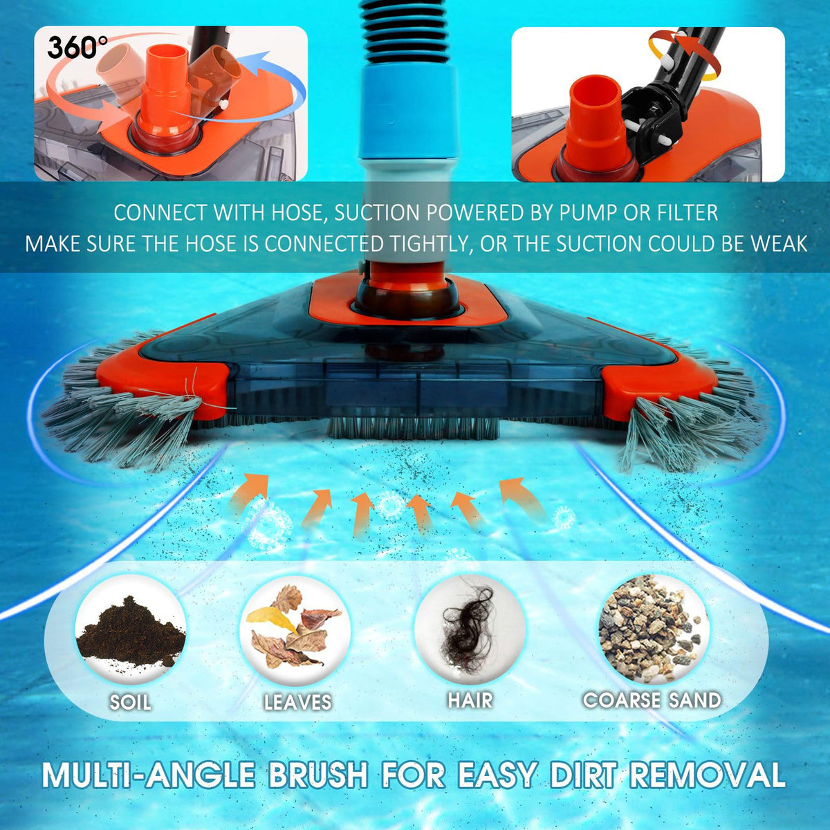 TidyMister Pool Vacuum Head with Direction-Control Handle & Side Brush -Swimming Weighted Triangular Brush Vac with Universal Rotatable Adapter-Deep Clean for Vinyl Liner,Inground & Above Ground Pools