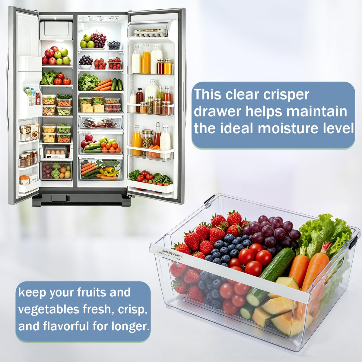 2188656 Crisper Bin (Upper) Replacement for Whirlpool Refrigerator, Refrigerator Drawers, Kenmore Whirlpool Fridge Crisper Drawer Replacement Part WP2188656, 2188656, Thicker, Clear