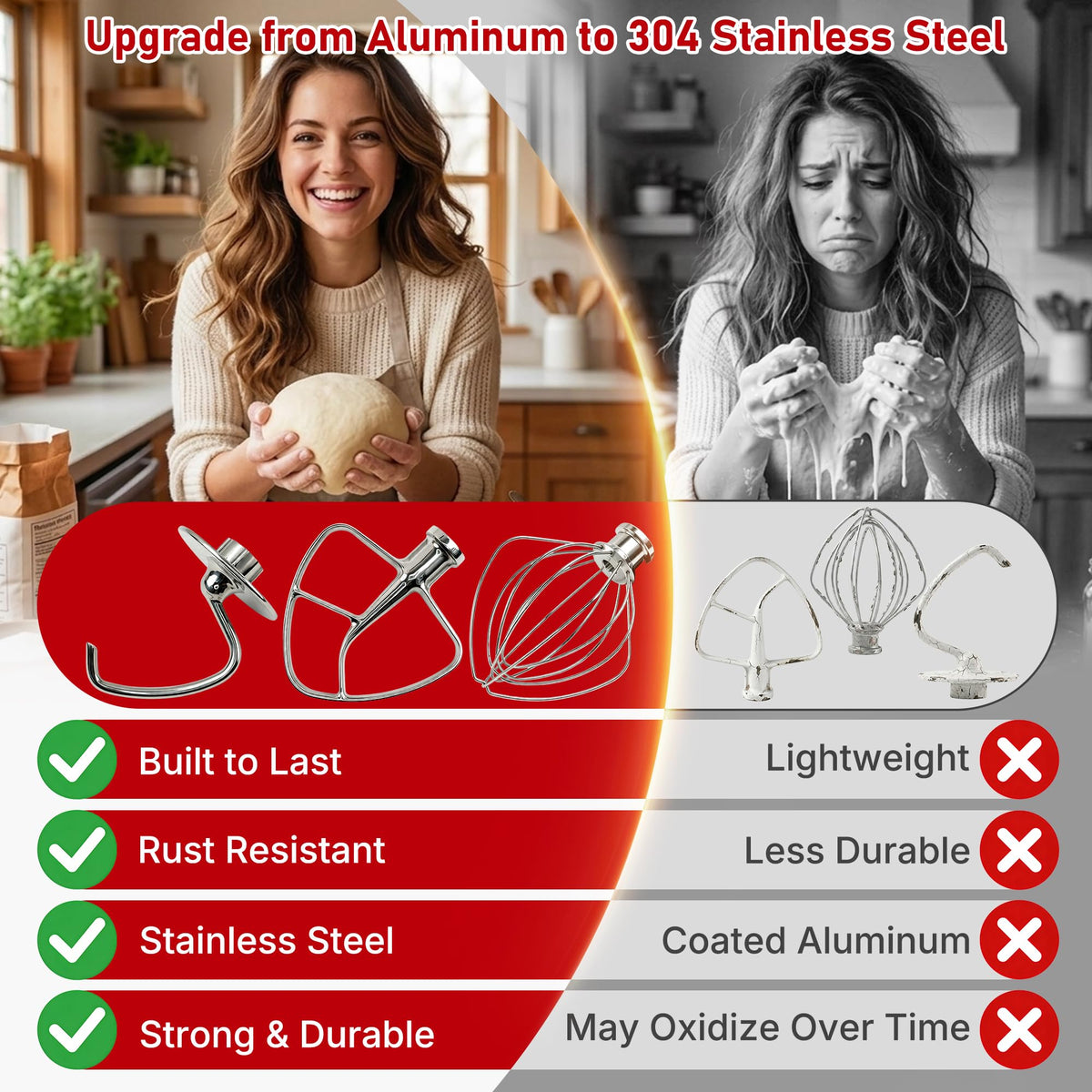 3-Piece Stainless Steel Stand Mixer Attachments Set for KitchenAid Tilt-Head 4.5-5 Quart Mixers, Dough Hook, Flat Beater & Wire Whip, Premium Replacement Accessories, Dishwasher Safe